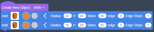 the same code as earlier, but with a second cylinder. The first cylinder has radius(20), the second cyclinder has radius(12)